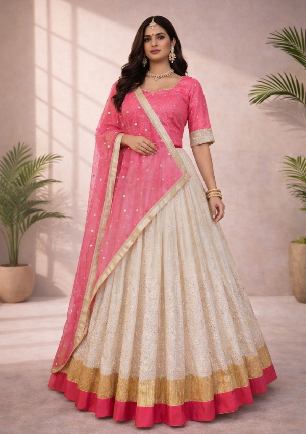 Pink & White Embroidered Net Lehenga